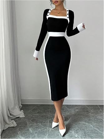 Glamorous White Trim Long Sleeve Bodycon Midi Dress-Free Shipping