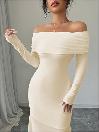Sophisticated Off-Shoulder Long Sleeve Open-Back Bodycon Mermaid Dress-Free Shipping