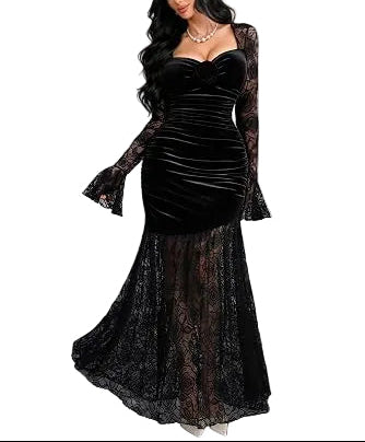 Refined Black 3D Floral Lace Long Sleeve Ruched Mermaid Evening Dress-Free Shipping