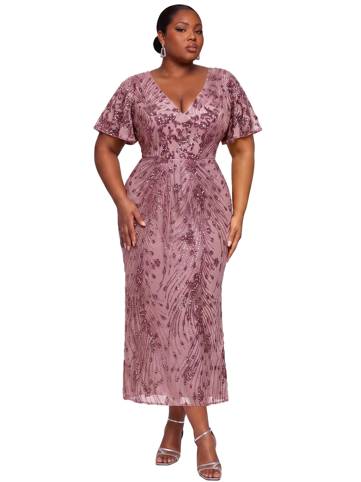 Stunning Plus Size Sequin V-Neck Flutter Sleeve Maxi Dress, Orchid front