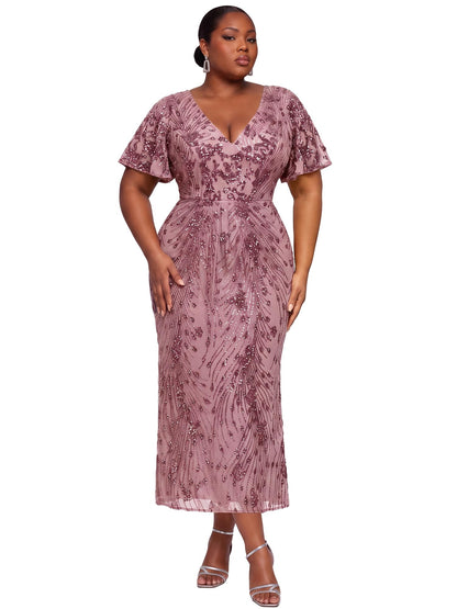 Stunning Plus Size Sequin V-Neck Flutter Sleeve Maxi Dress, Orchid front