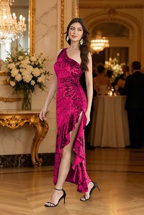 Stunning One-Shoulder Glitter Hi-Lo Slit Bodycon Maxi Dress-Free Shipping