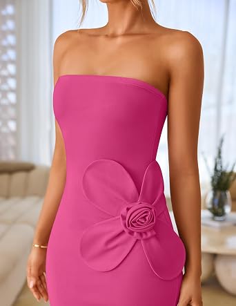 Chic 3D Floral Applique Strapless Side Slit Bodycon Maxi Dress-Free Shipping