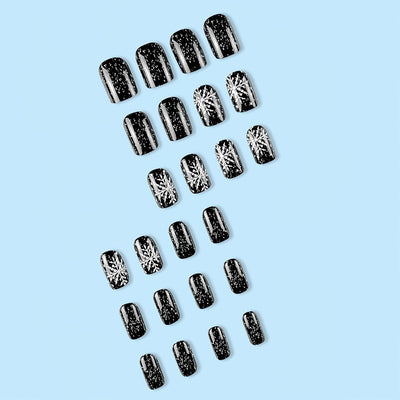 Christmas Black Snowflakes Design Press-On Nails Short Square Acrylic Set 24pcs Stick-On Manicure-Free Shipping