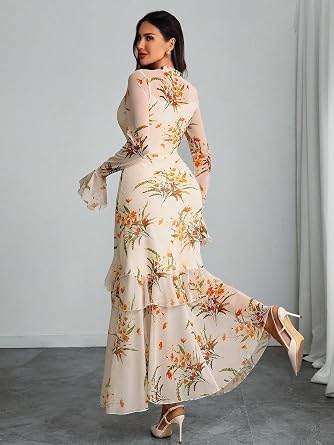 Beautiful Printed Bell Sleeve Tiered Ruffle Maxi Dress-Free Shipping