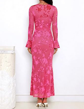 Romantic Floral Print Long Bell Sleeve Bodycon Maxi Dress-Free Shipping