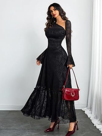 Elegant Black Lace Asymmetric Shoulder Long Sleeve Flared A-Line Dress - Free Shipping