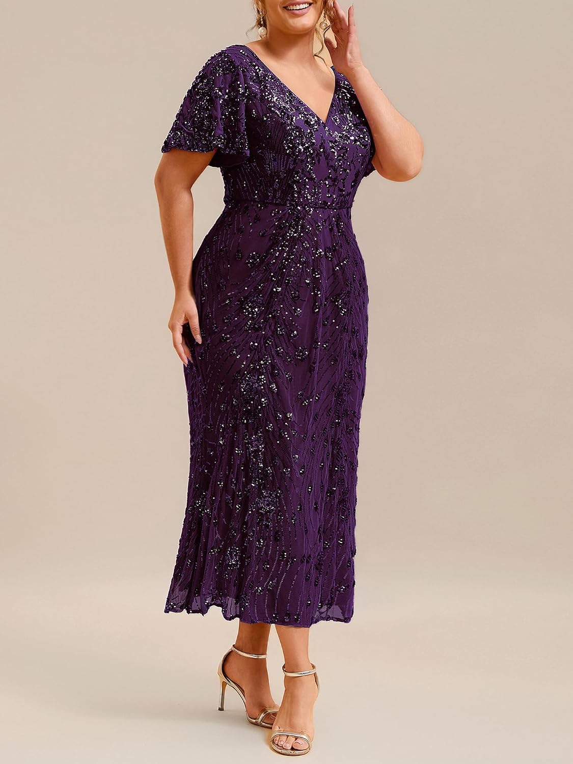 Elegant Plus Size Sequin V-Neck Flutter Sleeve Maxi Dress, Dark Purple front alternate
