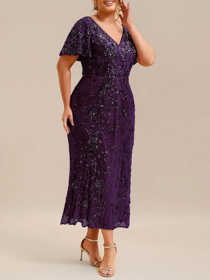 Elegant Plus Size Sequin V-Neck Flutter Sleeve Maxi Dress, Dark Purple front alternate