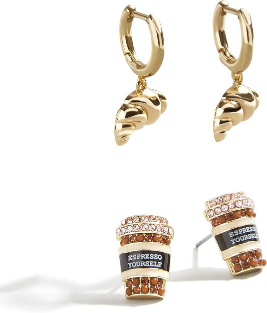 Trendy Espresso and Croissant Food-Inspired Cubic Zirconia Novelty Stud Earrings Set - Free Shipping
