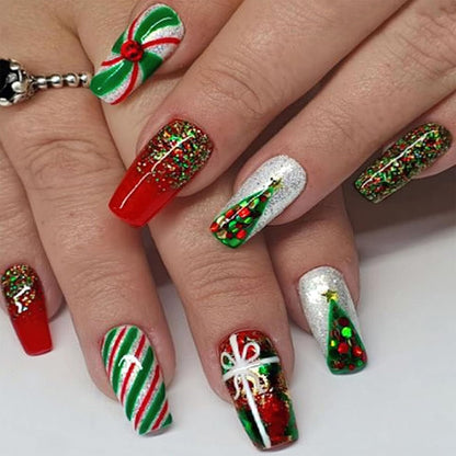 Christmas Santa Design Press-On Nails Short Square Acrylic Set 24pcs Stick-On Manicure-Free Shipping