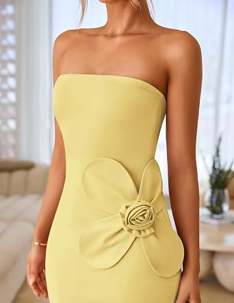 Chic 3D Floral Applique Strapless Side Slit Bodycon Maxi Dress-Free Shipping