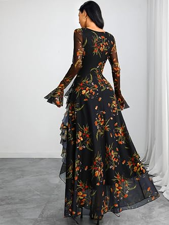 Beautiful Floral Printed Long Bell-Sleeve Ruffle Flowy Maxi Dress-Free Shipping