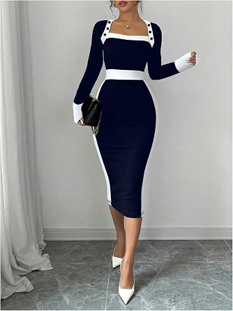 Glamorous White Trim Long Sleeve Bodycon Midi Dress-Free Shipping