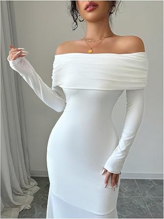 Refined Off-Shoulder Long Sleeve Open-Back Bodycon Mermaid Dress-Free Shipping