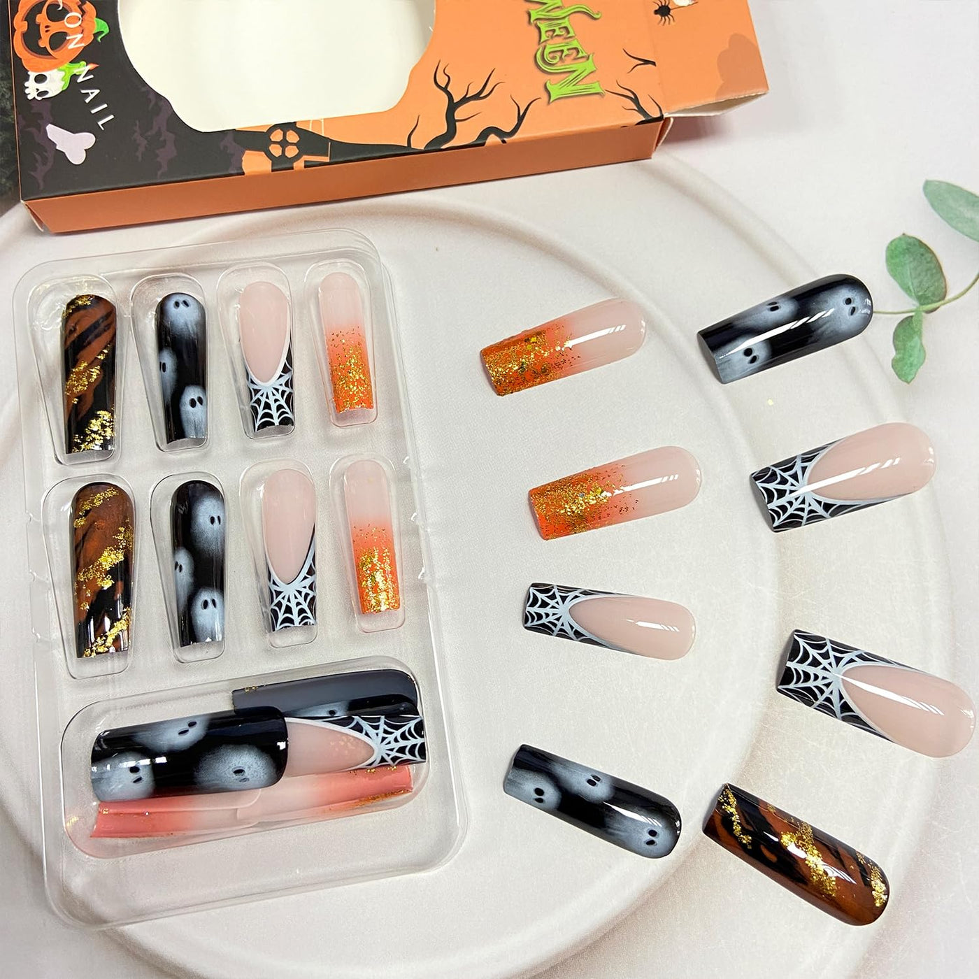 Ghost Glitter Halloween Press On Fake Nails, Long Square Acrylic Press-Ons, 24Pcs Set-Free Shipping