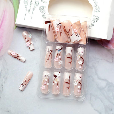 Elegant Long Square Press On Nails with 3D Flower and Butterfly Design - Glossy French Tip-Free Shipping