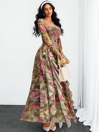Romantic Floral Printed Long Bell-Sleeve Ruffle Flowy Maxi Dress-Free Shipping