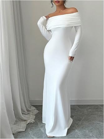 Refined Off-Shoulder Long Sleeve Open-Back Bodycon Mermaid Dress-Free Shipping