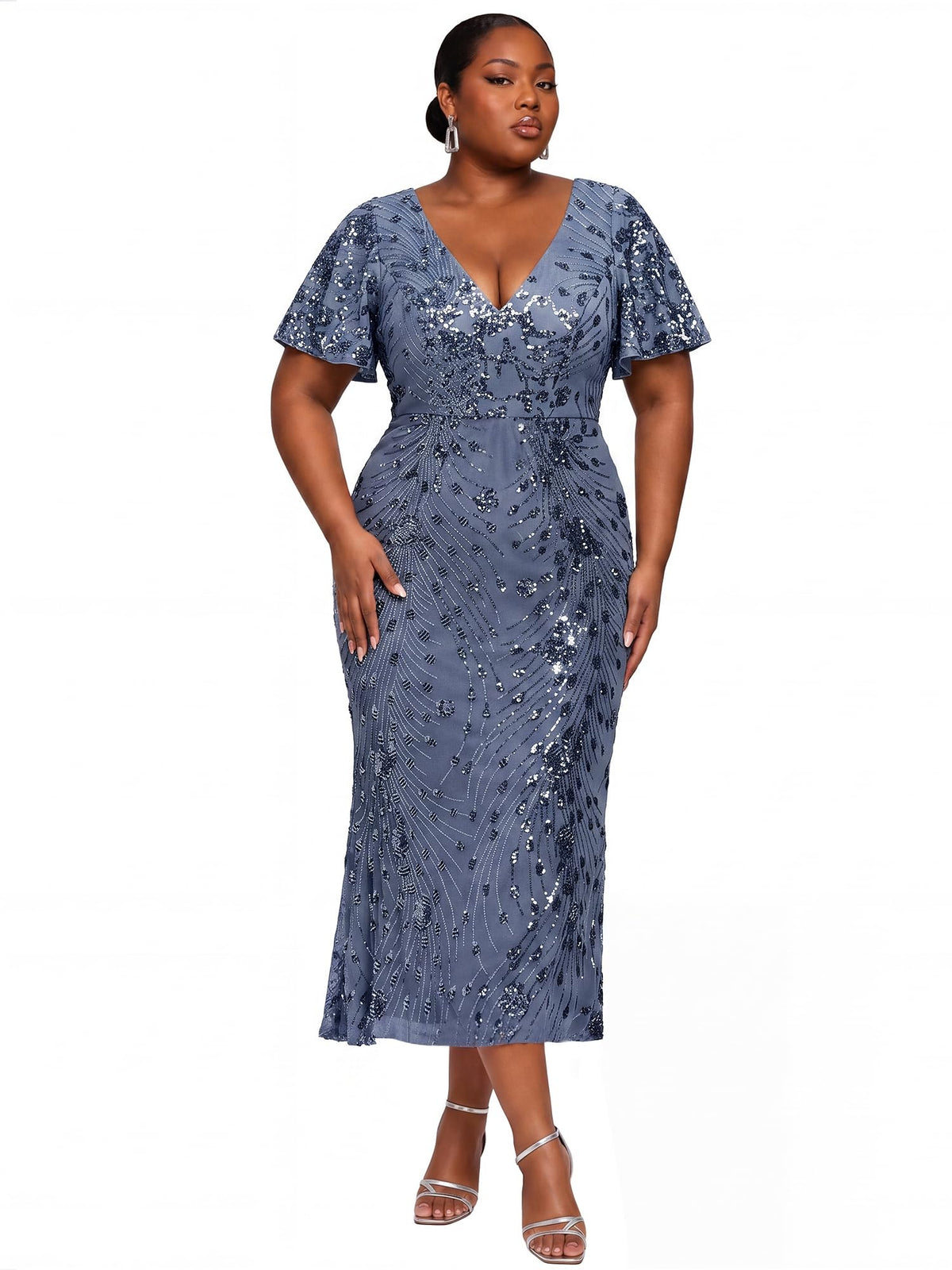 Stunning Plus Size Sequin V-Neck Flutter Sleeve Maxi Dress, Dusty Blue front