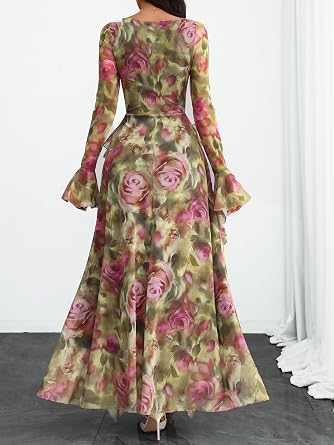 Romantic Floral Printed Long Bell-Sleeve Ruffle Flowy Maxi Dress-Free Shipping