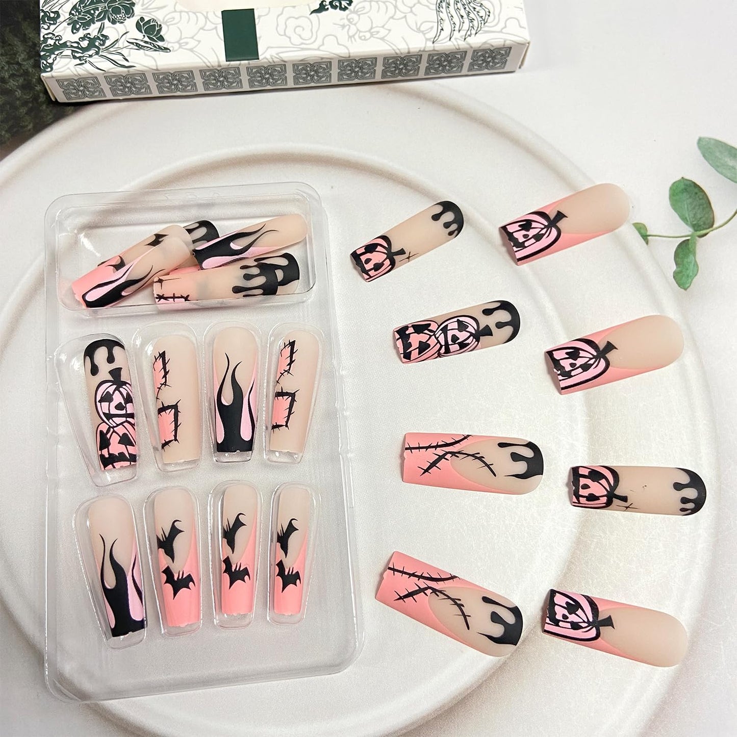 Bats Pumpkins Halloween Press On Fake Nails, Long Square Acrylic Press-Ons, 24Pcs Set-Free Shipping