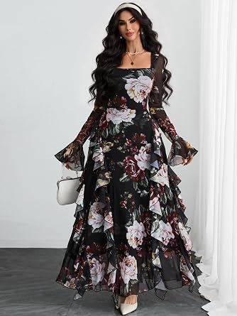 Beautiful Floral Printed Long Bell-Sleeve Ruffle Flowy Maxi Dress-Free Shipping