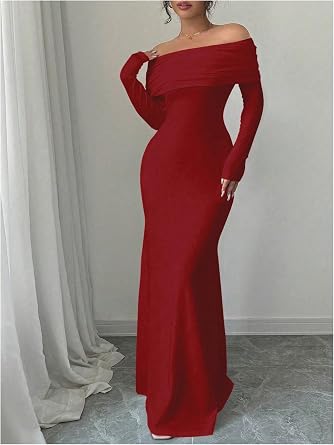 Refined Off-Shoulder Long Sleeve Open-Back Bodycon Mermaid Dress-Free Shipping