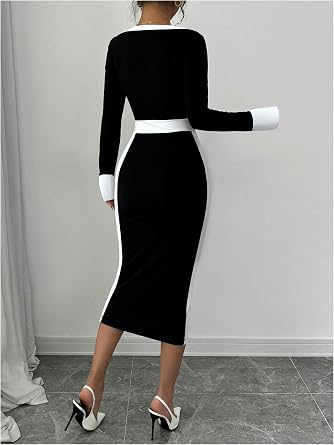 Glamorous White Trim Long Sleeve Bodycon Midi Dress-Free Shipping