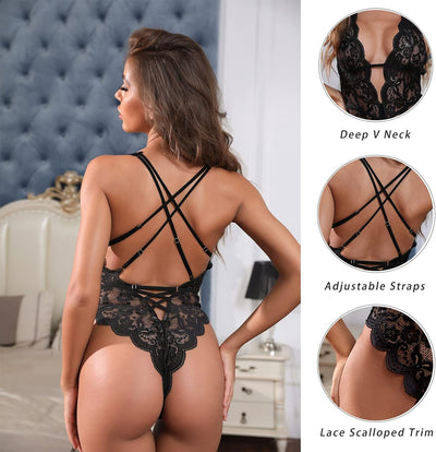 Sexy Hollow Out Floral Lace Bodysuit - Women's Deep V Teddy Babydoll Lingerie- Free Shipping