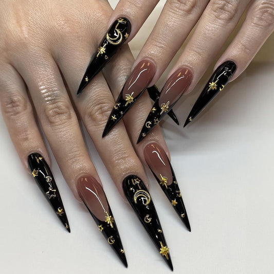 Stiletto Black Moon Stars Press On Long Fancy Fake Nails French Tips-Free Shipping