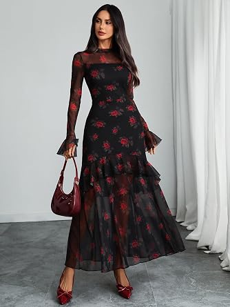 Stunning Printed Bell Sleeve Tiered Ruffle Maxi Dress-Free Shipping