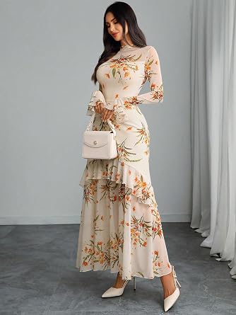 Beautiful Printed Bell Sleeve Tiered Ruffle Maxi Dress-Free Shipping