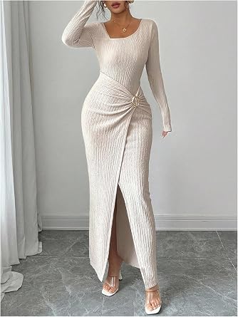 Stunning Asymmetric Ribbed Long Sleeve Ruched Slit Bodycon Dress-Free Shipping