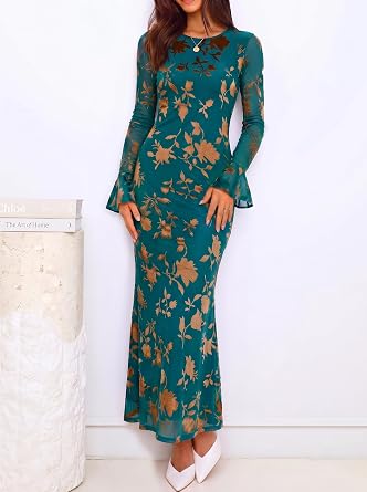 Timeless Floral Print Long Bell Sleeve Bodycon Maxi Dress-Free Shipping