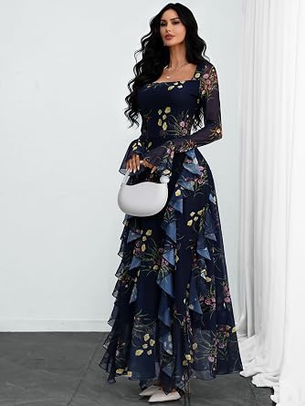 Beautiful Floral Printed Long Bell-Sleeve Ruffle Flowy Maxi Dress-Free Shipping