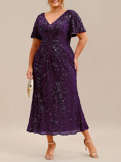 Elegant Plus Size Sequin V-Neck Flutter Sleeve Maxi Dress, Dark Purple front second pose