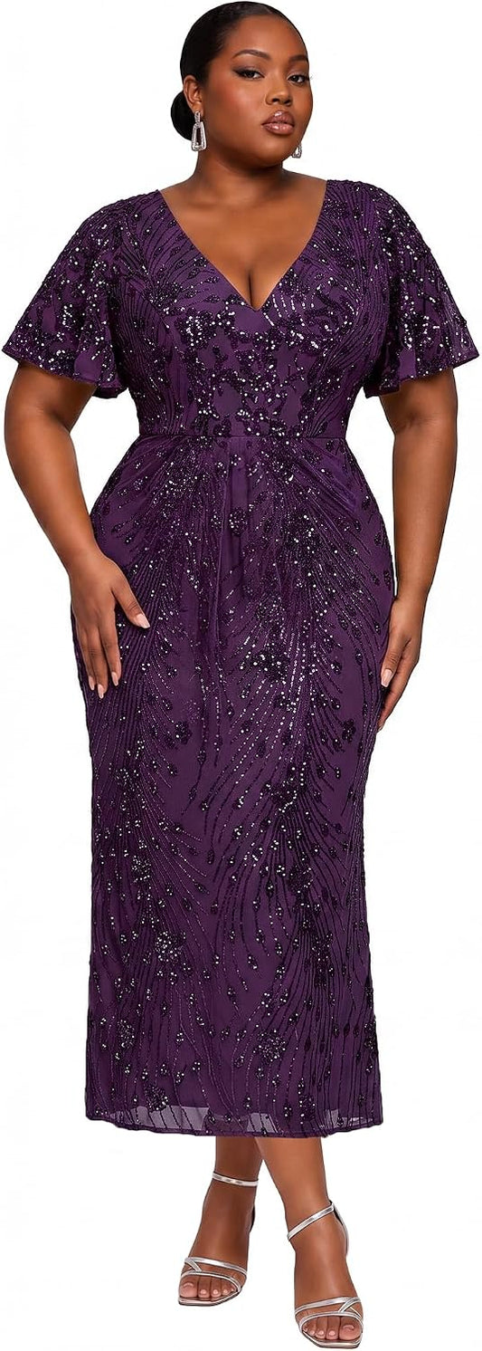 Elegant Plus Size Sequin V-Neck Flutter Sleeve Maxi Dress, Dark Purple front