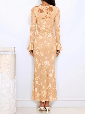 Timeless Floral Print Long Bell Sleeve Bodycon Maxi Dress-Free Shipping