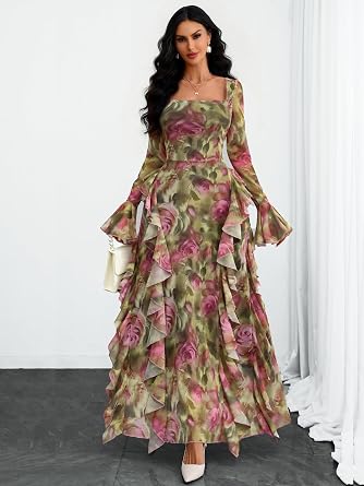 Romantic Floral Printed Long Bell-Sleeve Ruffle Flowy Maxi Dress-Free Shipping