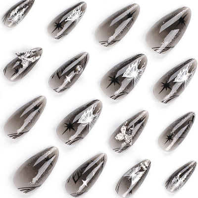 24PC Almond Glossy Press-On Nails - Medium Length, 3D Designs-Free Shipping