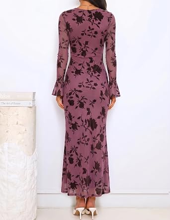 Romantic Floral Print Long Bell Sleeve Bodycon Maxi Dress-Free Shipping