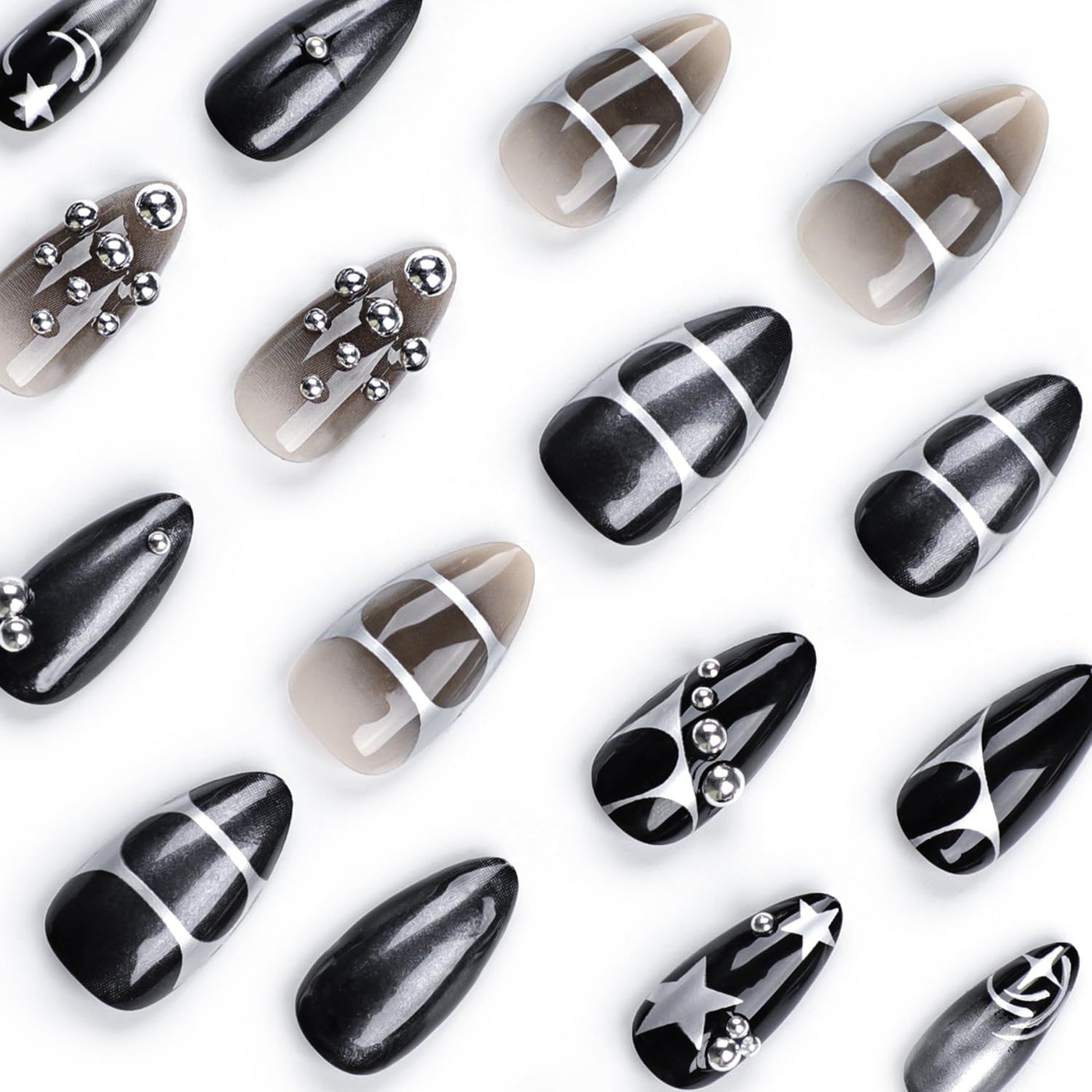 24PC Almond Glossy Press-On Nails - Medium Length, 3D Designs-Free Shipping