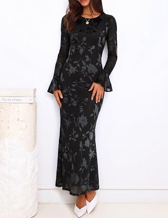 Timeless Floral Print Long Bell Sleeve Bodycon Maxi Dress-Free Shipping