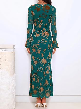Timeless Floral Print Long Bell Sleeve Bodycon Maxi Dress-Free Shipping