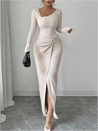 Stunning Asymmetric Ribbed Long Sleeve Ruched Slit Bodycon Dress-Free Shipping