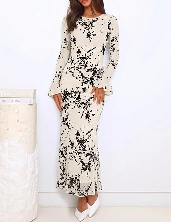 Timeless Floral Print Long Bell Sleeve Bodycon Maxi Dress-Free Shipping
