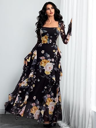 Romantic Floral Printed Long Bell-Sleeve Ruffle Flowy Maxi Dress-Free Shipping