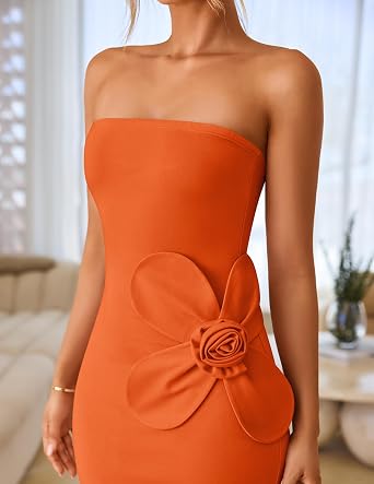 Elegant 3D Floral Applique Strapless Side Slit Bodycon Maxi Dress-Free Shipping