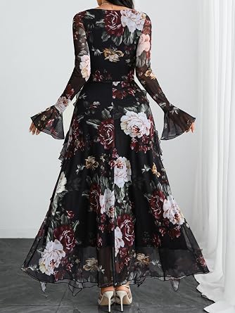 Beautiful Floral Printed Long Bell-Sleeve Ruffle Flowy Maxi Dress-Free Shipping